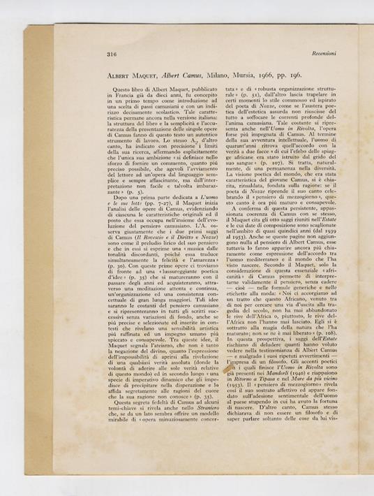 Albert Maquet, "Albert Camus", Milano, Mursia, 1966, pp. 196 - Francesco Lazzari - copertina