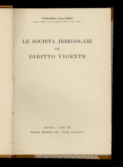 Le società irregolari nel diritto vigente - Vittorio Salandra - copertina