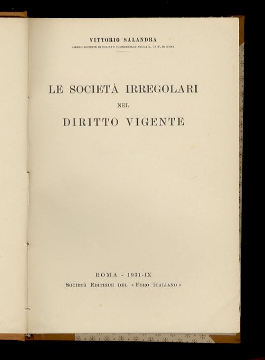 Le società irregolari nel diritto vigente - Vittorio Salandra - copertina