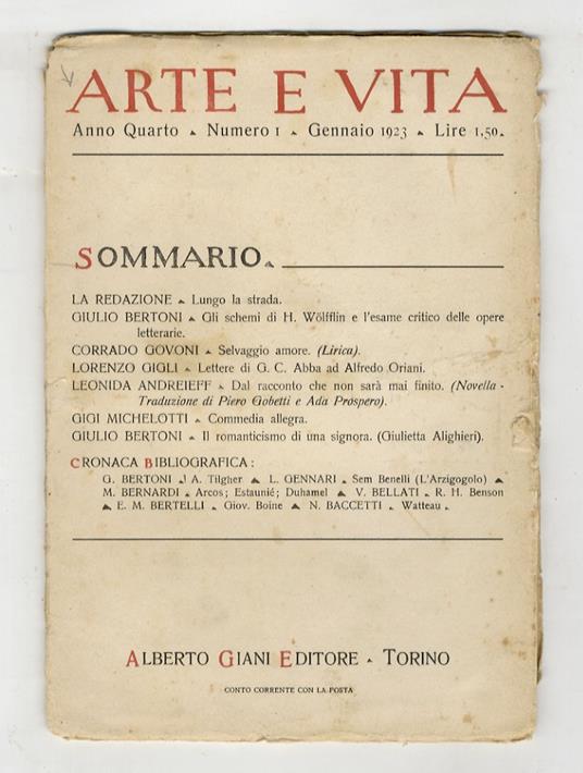 Arte e vita. Rassegna mensile di cultura. Anno quarto, 1923; fascicoli numero 1-12 [annata completa] - copertina