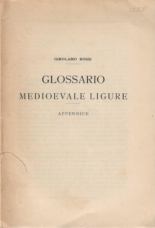 Glossario Medioevale Ligure . appendice - Girolamo Rossi - copertina