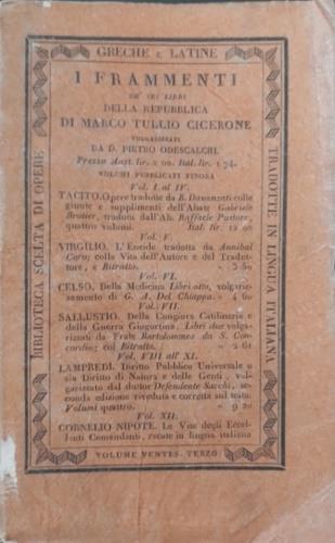 I frammenti de sei libri della repubblica - Marco Tullio Cicerone - copertina
