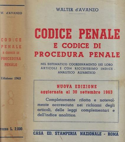 Codice penale e codice di procedura penale - Walter D'Avanzo - copertina