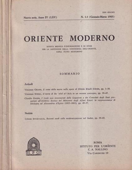 Oriente moderno, anno IV, numero 1-12, 1985 - copertina