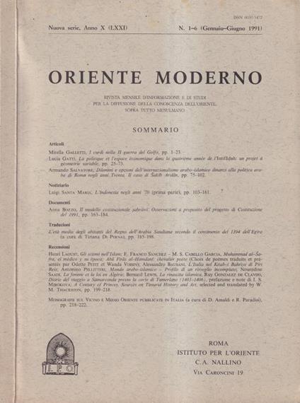 Oriente moderno, anno X, numero 1-6, 1991 - copertina