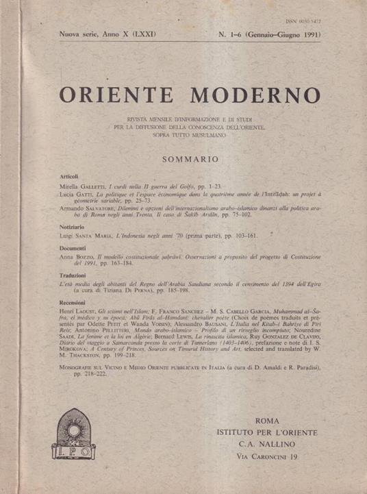 Oriente moderno, anno X, numero 1-6, 1991 - copertina