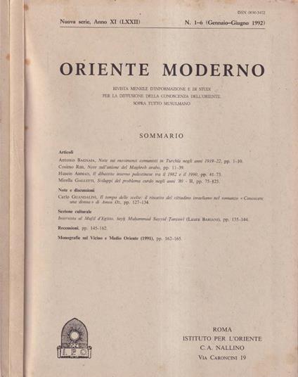 Oriente moderno, anno XI, numero 1-12, 1992 - copertina