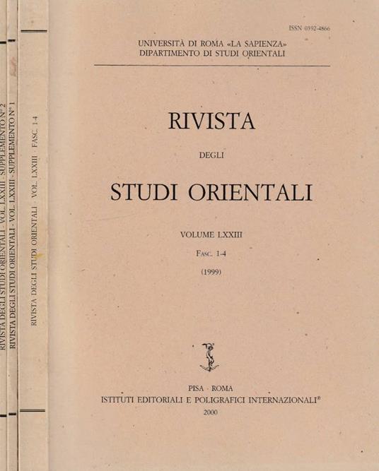 Rivista degli studi orientali vol LXXIII, fasc 1-4, 1999, con 2 supplementi - copertina