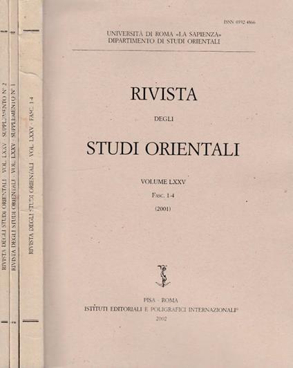 Rivista degli studi orientali anno 2001, vol LXXV, fasc 1-4, con 2 supplementi - copertina