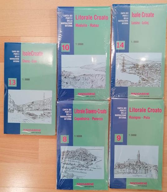 Carta dei porti e della navigazione interna: 8: Litorale Sloveno-Croato: Capodistria-Parenzo; 9: Litorale Croato: Rovingo-Pola; 10: Litorale Croato: Medulin-Rabaz; 13: Isole Croate: Cherso-Cres; 14: Isole Croate: Lussinp-Losinj - copertina