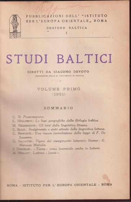 Studi baltici Volume primo (1931) - copertina