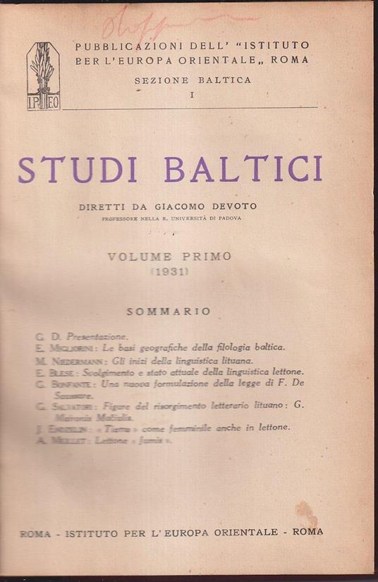 Studi baltici Volume primo (1931) - copertina