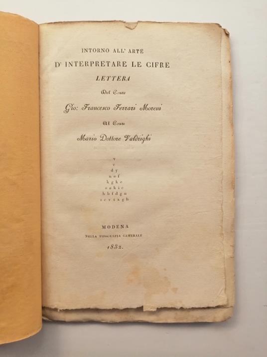 Intorno all'arte d'interpretare le cifre, lettera del conte Gio Francesco Ferrari Moreni al Conte Mario Dottore Valdrighi - copertina