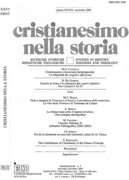 Cristianesimo nella storia. Volume XXVI/3 - Settembre 2005 - copertina