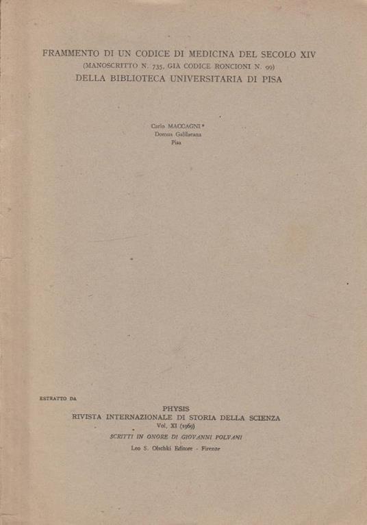 Frammento di un codice di medicina del secolo XIV (Manoscritto n 735, già codice Roncioni n 99) della biblioteca universitaria di Pisa - copertina