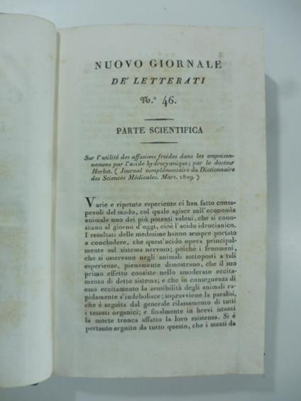 Sur l'utilite' des affusions froides dans les empoisonnements par l'acide hydrocyanique par le D. Herbst...(Stralcio da: Nuovo giornale de' letterati. N. 46. 1829) - copertina