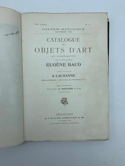 Catalogue des objets d'art et antiquite' defendant de la succession Eugene Baud ... Rome Galerie Sangiorgi... 19 au 29 aout 1896 - copertina