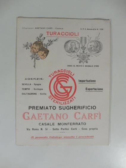 Turaccioli. Premiato sugherificio Gaetano Carfi', Casale Monferrato. Pieghevole pubblicitario - copertina