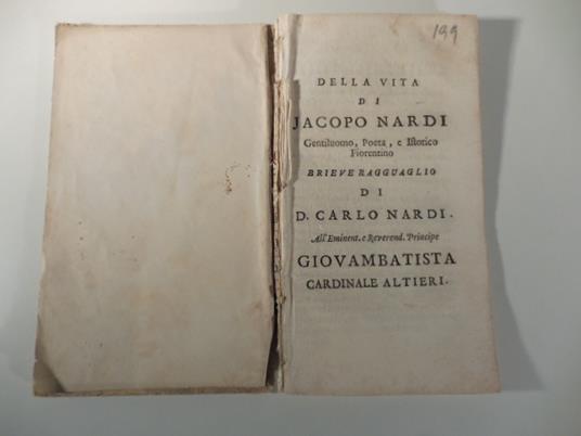 Della vita di Jacopo Nardi gentiluomo, poeta e istorico fiorentino. Breve ragguaglio - Carlo Nardi - copertina
