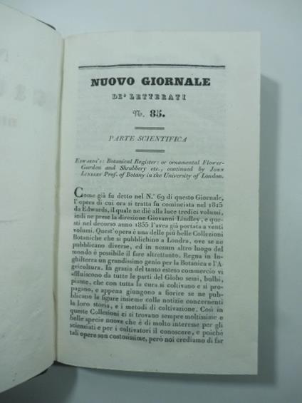 Edwards's: Botanical register or ornamental flowergarden and shrubbery etc. continued by John Lindley of botany...(Stralcio da: Nuovo giornale de' letterati. N. 85. N. 861836) - copertina
