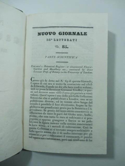 Edwards's: Botanical register or ornamental flowergarden and shrubbery etc. continued by John Lindley of botany...(Stralcio da: Nuovo giornale de' letterati. N. 85. N. 861836) - copertina