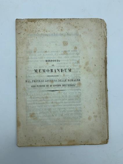 Risposta al memorandum indirizzato dal preteso Governo delle Romagne alle potenze ed ai governi dell'Europa - copertina