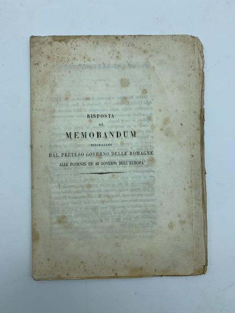 Risposta al memorandum indirizzato dal preteso Governo delle Romagne alle potenze ed ai governi dell'Europa - copertina