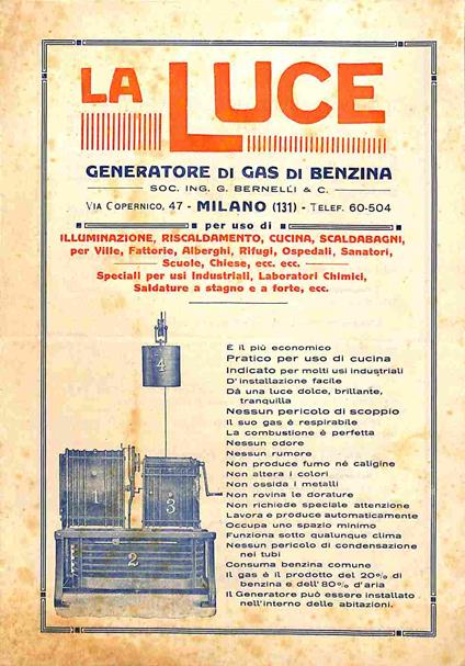 La luce. Generatore di gas, di benzina, Milano (bifoglio pubblicitario) - copertina