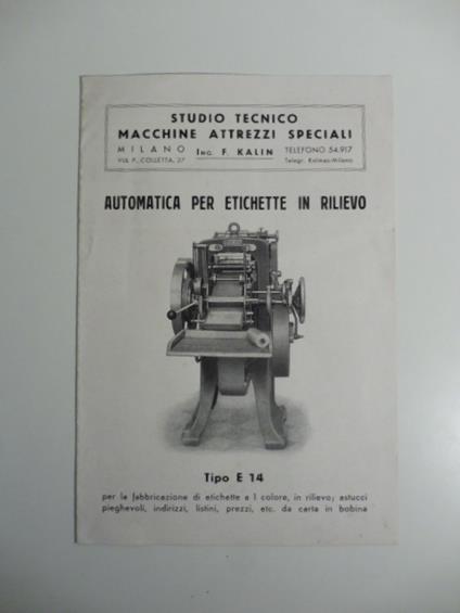Studio tecnico macchine attrezzi speciali. Automatica per etichette in rilievo - copertina