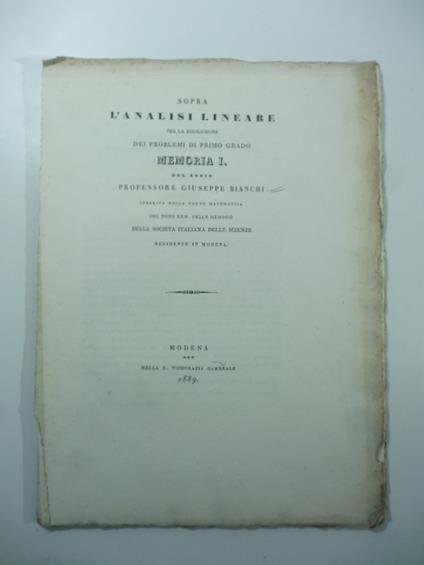 Sopra l'analisi lineare per la risoluzione dei problemi di primo grado. Memoria I - Giuseppe Bianchi - copertina