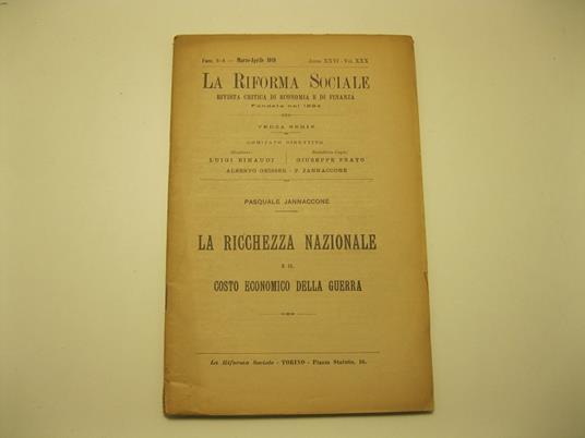 La ricchezza nazionale e il costo economico della guerra - Pasquale Jannaccone - copertina