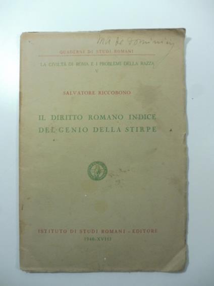 Il diritto romano indice del genio della stirpe - Salvatore Riccobono - copertina