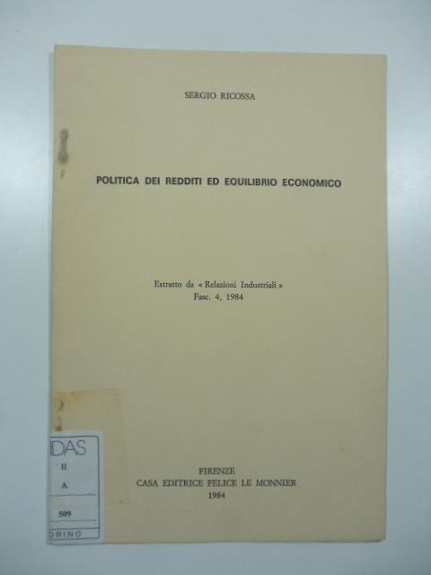 Politica dei redditi ed equilibrio economico - Sergio Ricossa - copertina