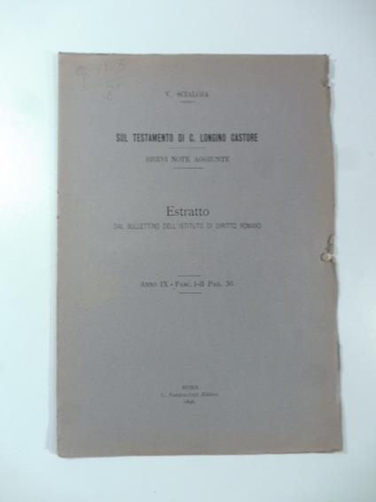 Sul testamento di C. Longino Castore - Brevi note aggiunte - Vittorio Scialoja - copertina