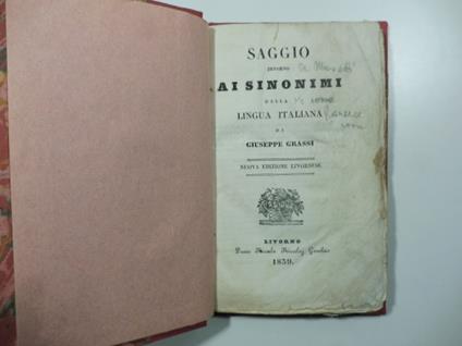 Saggio intorno ai sinonimi della lingua italiana - Giuseppe Grassi - copertina