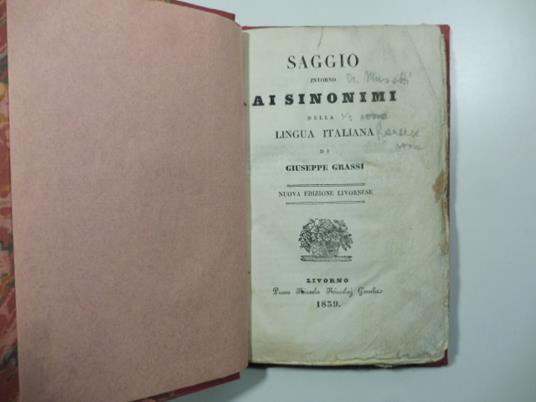 Saggio intorno ai sinonimi della lingua italiana - Giuseppe Grassi - copertina
