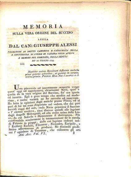 Memoria sulla vera origine del succino - Giuseppe Alessi - copertina