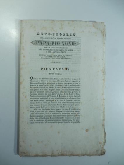 Moto proprio della Santita' di Nostro Signore Papa Pio nono sulla organizzazione del Consiglio e Senato di Roma e sue attribuzioni - Pio IX - copertina
