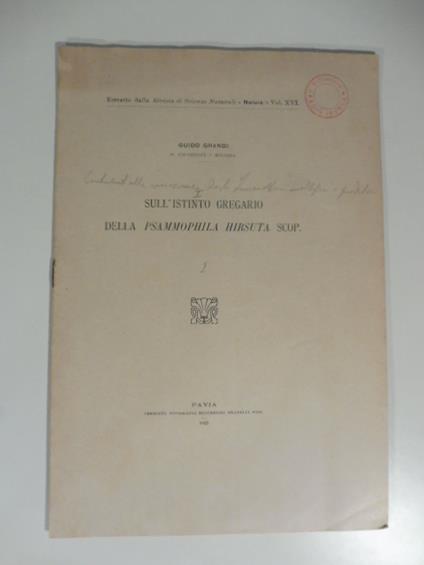 Sull'istinto gregario della psammophila hirsuta scop - Guido Grandi - copertina