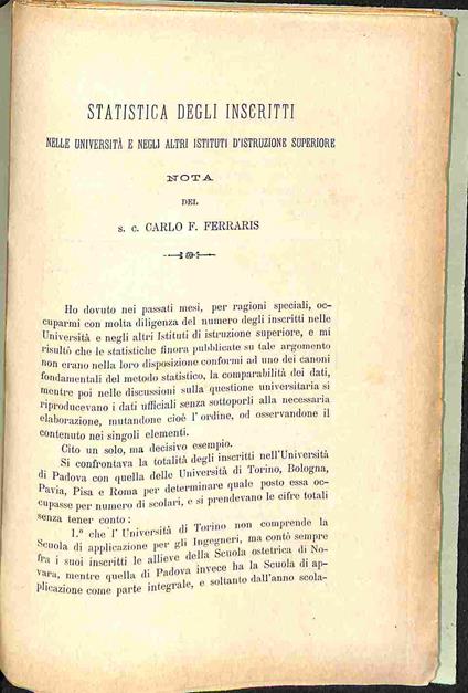 Statistica degli iscritti nelle universita' e negli altri istituti d'istruzione superiore - Carlo F. Ferraris - copertina