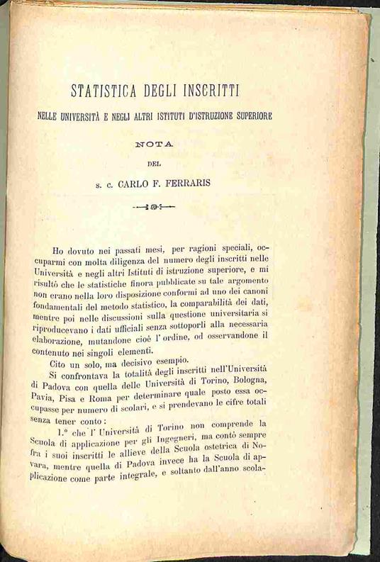 Statistica degli iscritti nelle universita' e negli altri istituti d'istruzione superiore - Carlo F. Ferraris - copertina