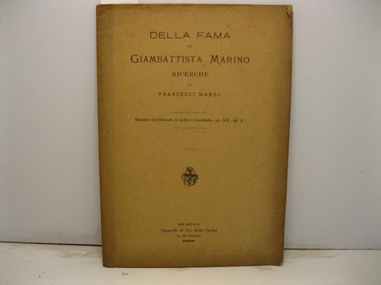Della fama di Giambattista Marino. Ricerche. Estratto dal Giornale di Letture Scientifiche, anno XX, fasc. 2 - Francesco Mango - copertina