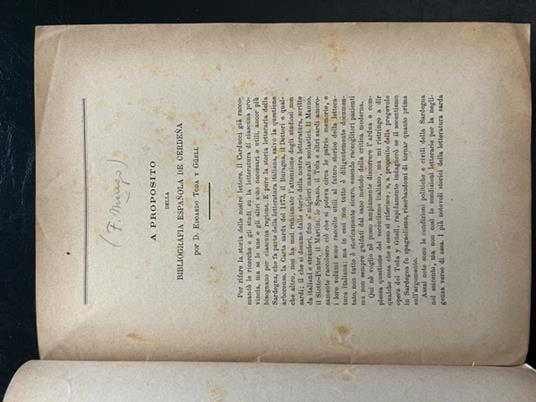 A proposito della Bibliografia espanola de Cerdena por D. Edoardo Toda y Guell - Francesco Mango - copertina