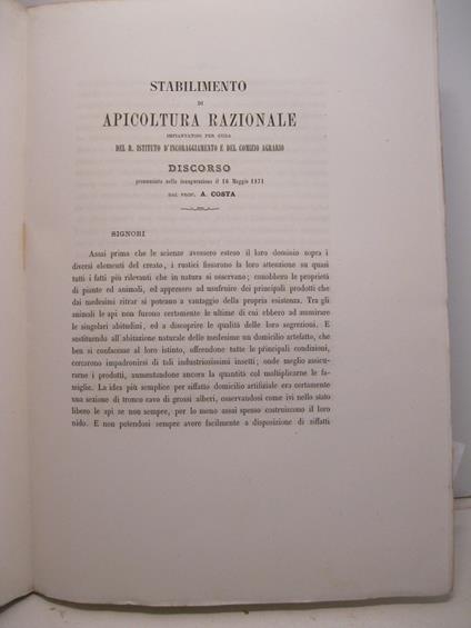 Stabilimento di apicoltura razionale impiantatosi per cura del R. Istituto d'Incoraggiamento e del Comizio Agrario. Discorso pronunziato nella inaugurazione il 16 maggio 1871 - Alberto Costa - copertina