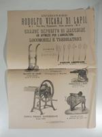 Ingegnere Rodolfo Vicarj di Lapie'. Grande deposito di macchine ed attrezzi per l'agricoltura, locomobili e trebbiatrici