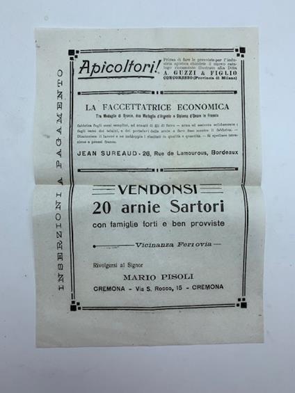 A. Guzzi & Figlio, Concorezzo. Foglietto pubblicitario arnie Sartori - copertina