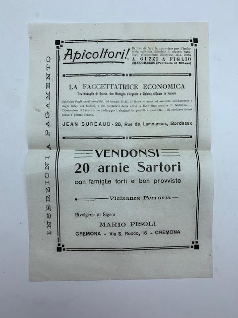 A. Guzzi & Figlio, Concorezzo. Foglietto pubblicitario arnie Sartori - copertina