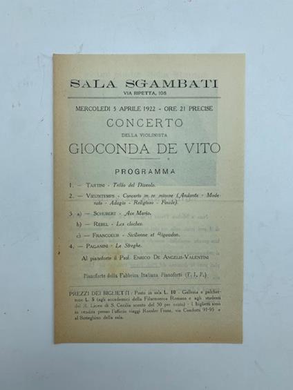 Sala Sgambati, via Ripetta. Concerto della violinista Gioconda De Vito. Programma (pieghevole) - copertina