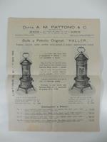 Ditta A. M. Pattono & C. Genova. Stufe a petrolio originali Haller. Pratiche - comode - solide - perfette - senza pericolo di scoppio. Listino n. 61 1 aprile 1922