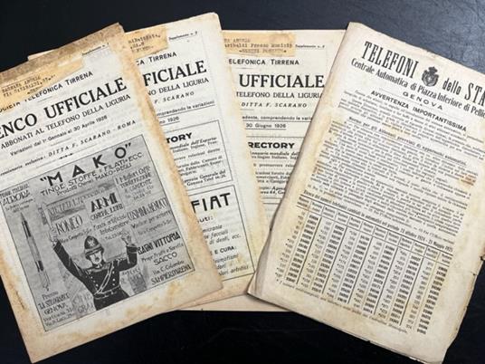 Societa' telefonica tirrena. Elenco ufficiale degli abbonati al telefono della Liguria. Supplementi 1, 2 (2 copie) Avvertenza importantissima centrale automatica di Piazza Inferiore di Pellicceria Genova - copertina
